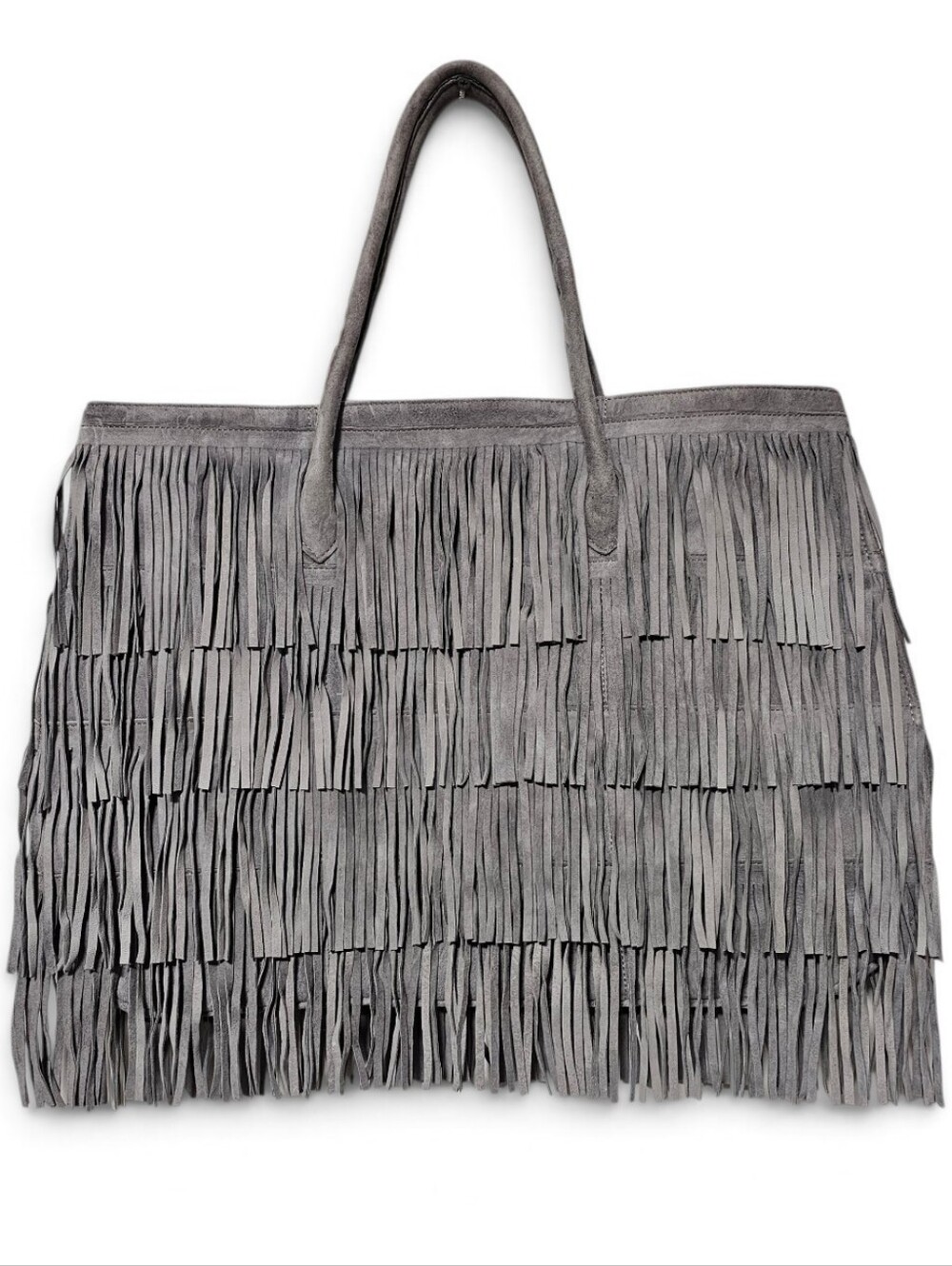 Larettamia Italian Luxury Suede Fringe Grey Tote Bag
